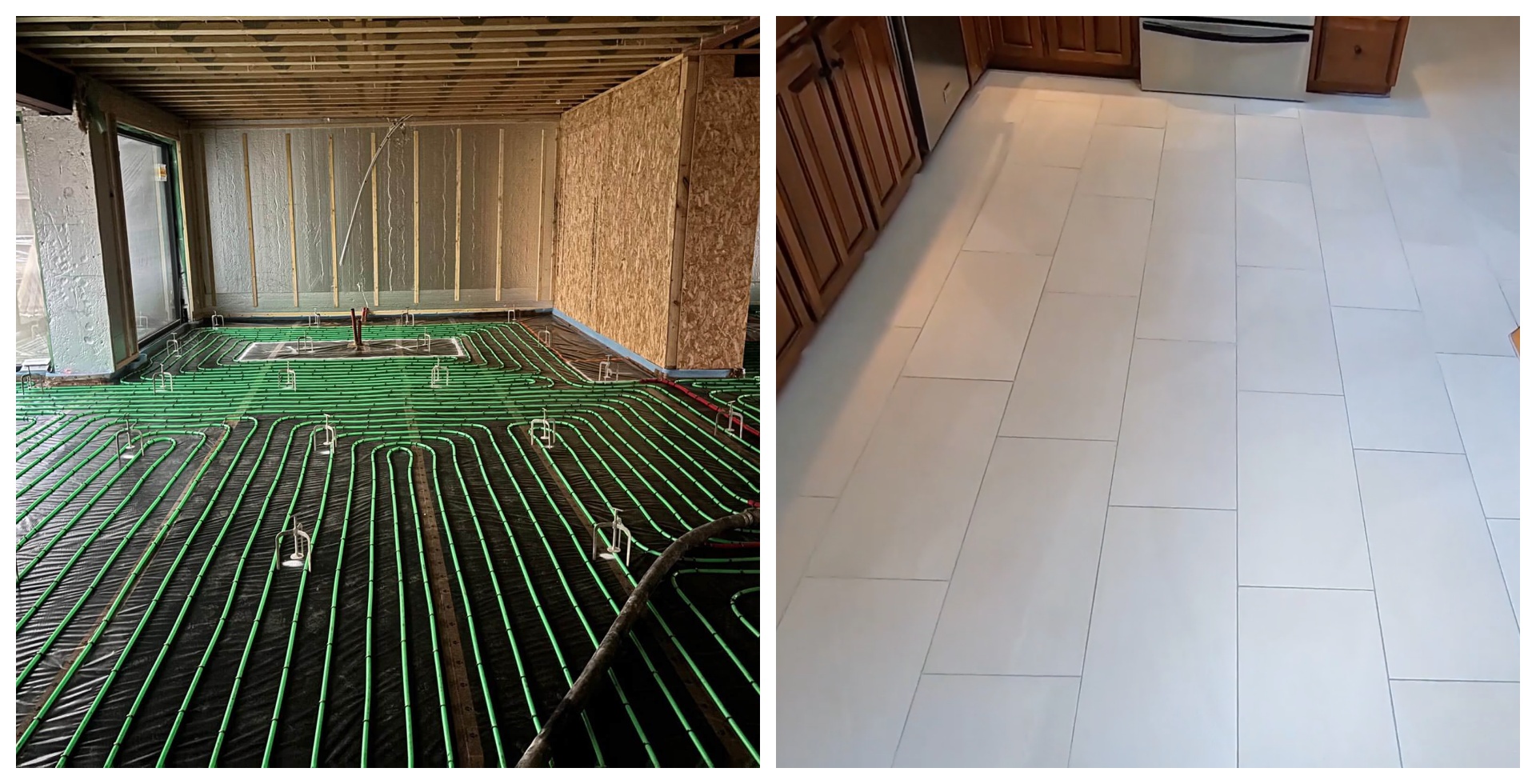 Featured collage showing tile installation over underfloor heating and underfloor heating system in progress at a Scottish residential property.